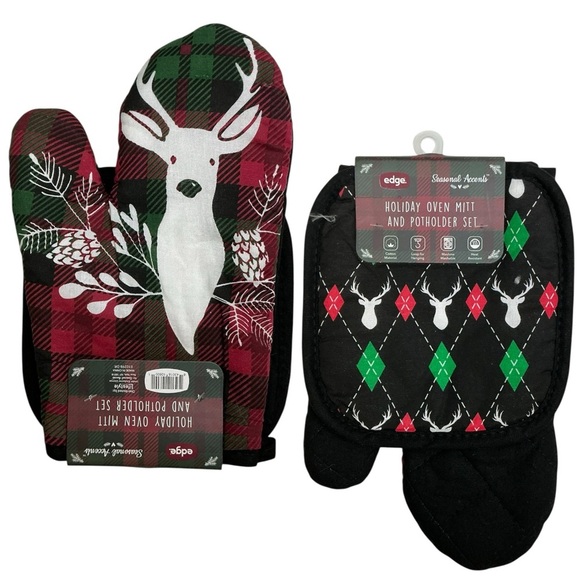 Holiday Deer Argyle Cotton Oven Mitt Potholder Set Christmas Winter Seasonal - Picture 4 of 16